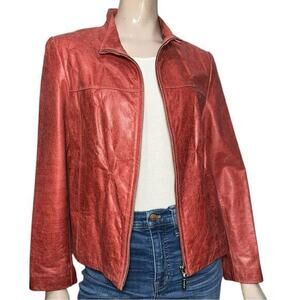 Pasha & Jo Women’s Size L Red Burgundy Distressed Leather Zip Up Jacket